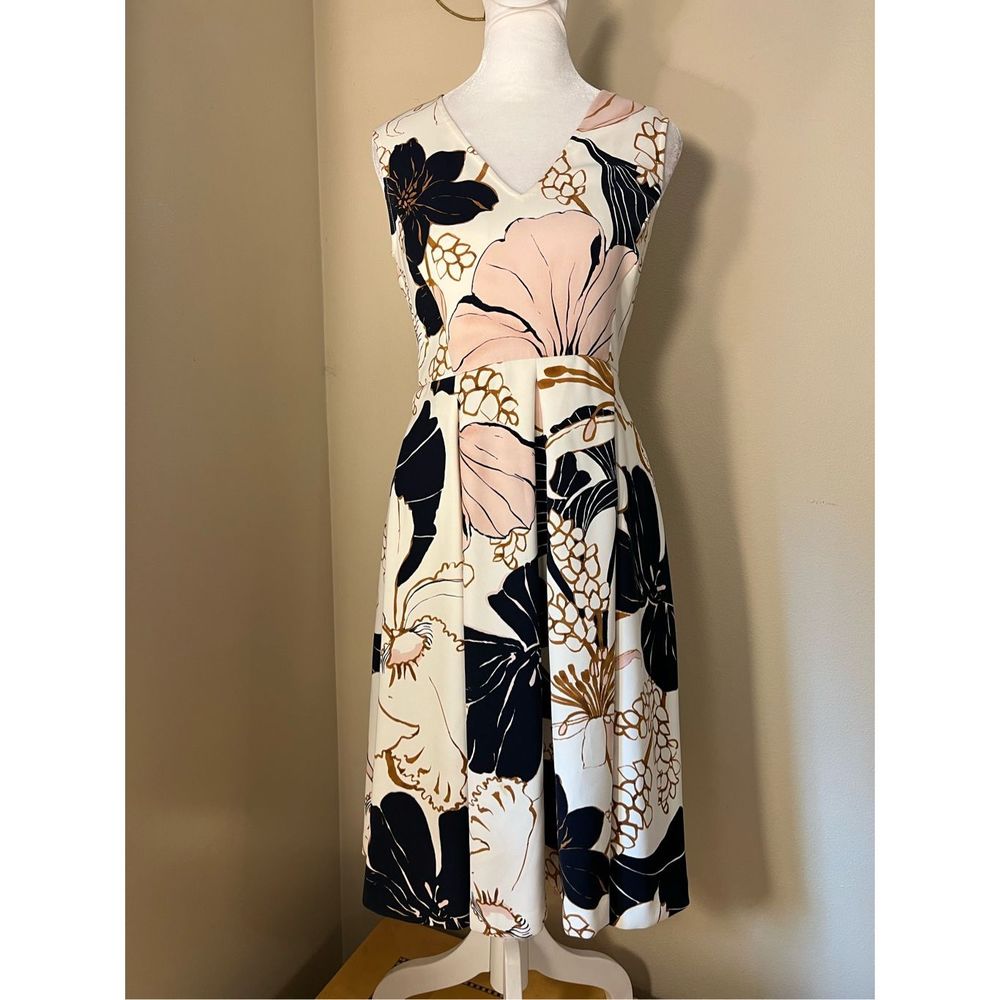 Ann Taylor Cream Floral Fit-and-Flare Dress with Pink and Black Accents